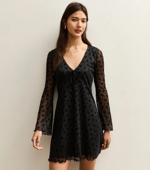 Black Flocked Mesh Flared Sleeve Mini Dress