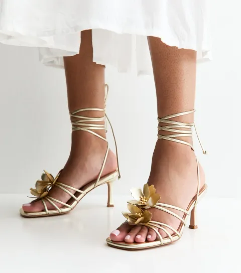 Gold Faux Leather Flower Strap Stiletto Sandals Vegan