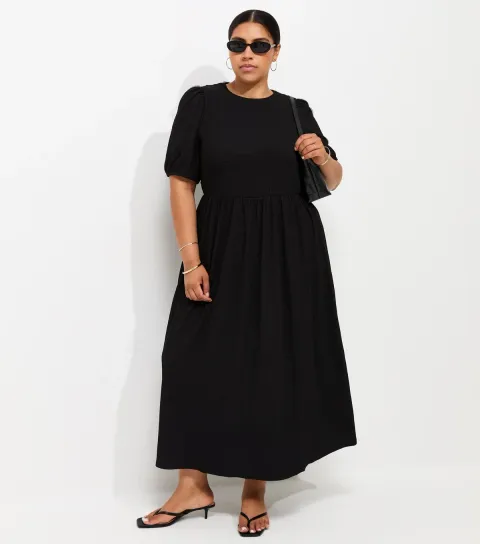 Plus Size Black Shirred Bodice Short Sleeve Midi Dress Curves