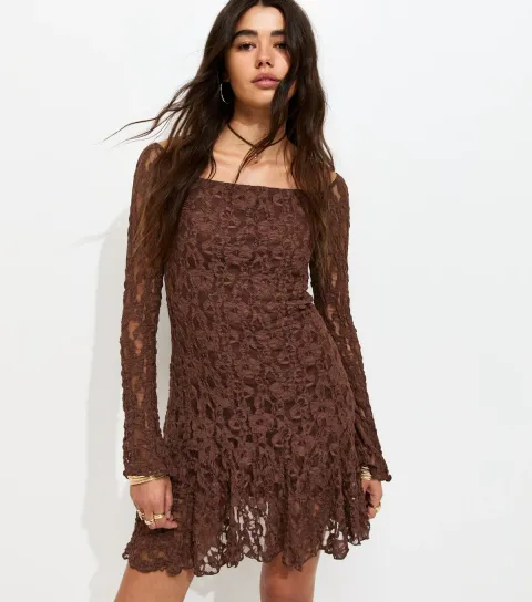 Dark Brown Asymmetric Dropped Waist Long Sleeve Lace Mini Dress