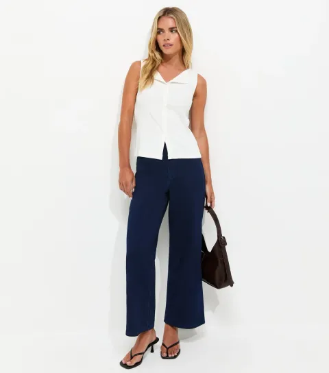 Petite Blue Cotton Rich Jersey Wide Leg Trousers