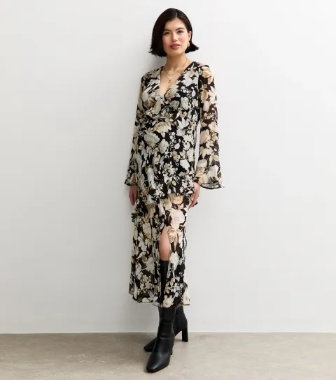Maternity Black Floral Flared Sleeve Midi Dress