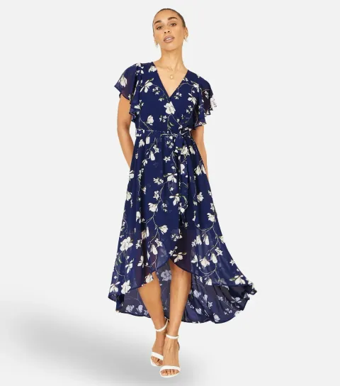 Navy Floral Print Wrap Midi Dress