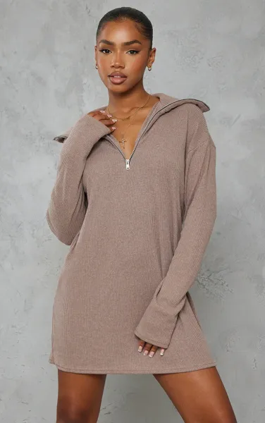 Mocha Rib High Neck Half Zip Oversized Jumper Dress