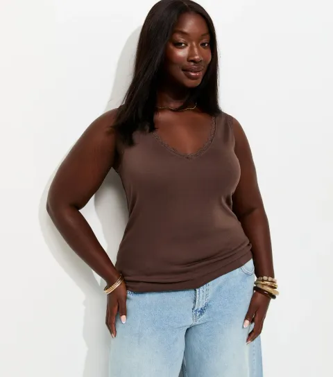 Plus Size Dark Brown Lace Trim Vest Top Curves