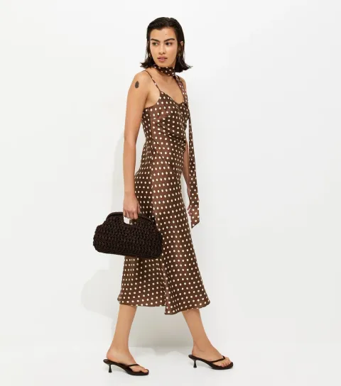Brown Satin Spot Print Midi Dress