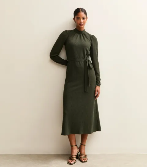 Dark Khaki Crinkled High Neck Midi Dress