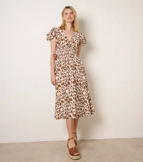 Light Brown Abstract Print Midi Dress