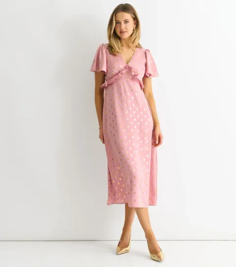 Pink Foil V Neck Midi Dress