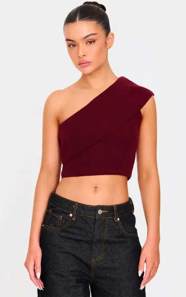Burgundy Soft Rib Knit One Shoulder Fold Over Crop Top