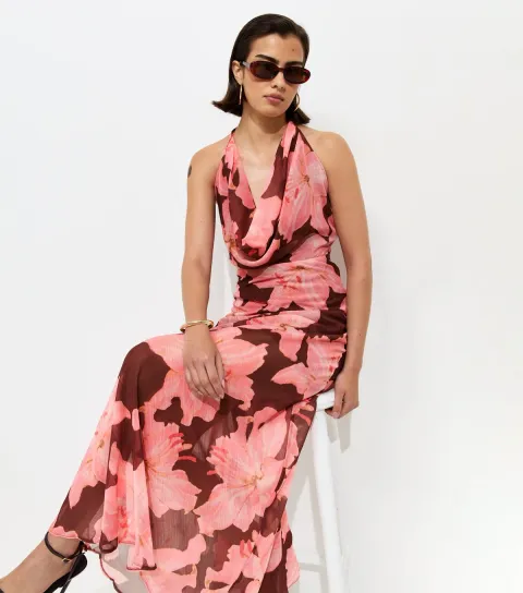 Pink Chiffon Floral Cowl Halter Neck Maxi Dress