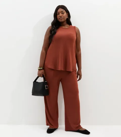 Plus Size Dark Red Textured Wide Leg Trousers Curves