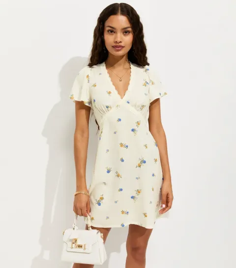 Petite Cream Ditsy Floral Lace Trim Mini Dress