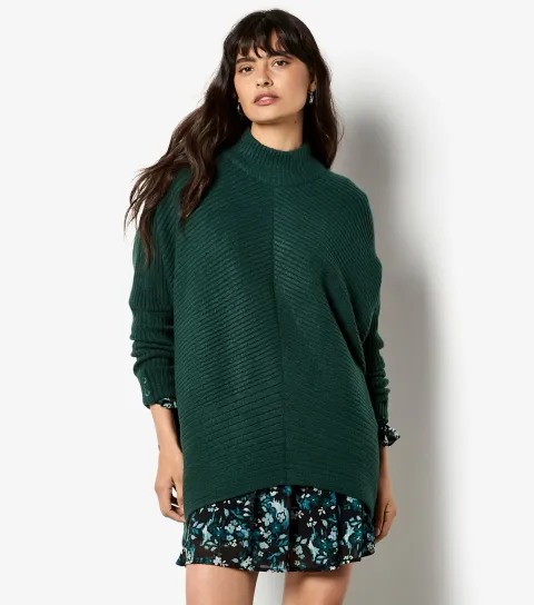 Dark Green Chevron Knit High Neck Jumper