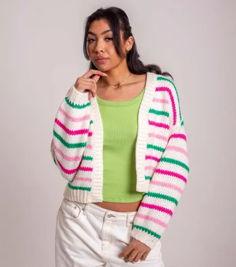 Cream and Pink Thin Striped Open Cardigan
