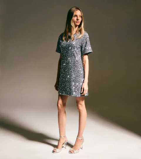 Silver Velvet Sequin T-Shirt Dress