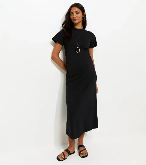 Maternity Black Ruched T-Shirt Midi Dress