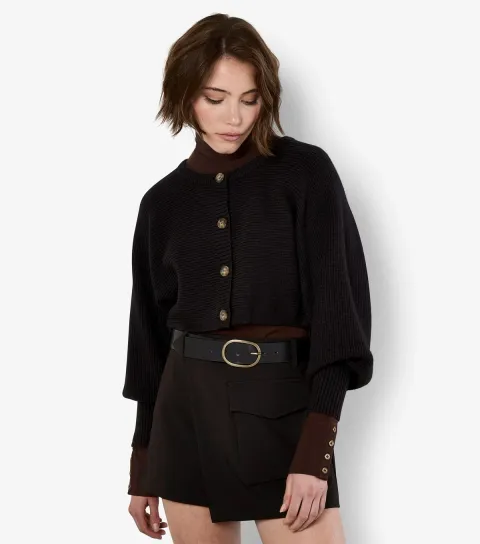 Black Ribbed Batwing Sleeve Cropped Cardigan