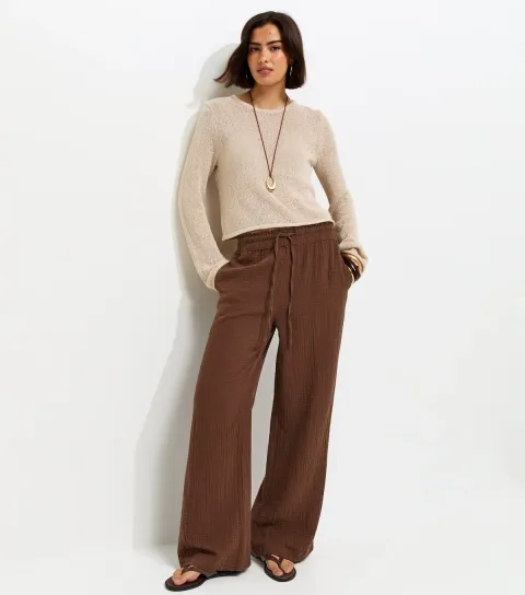 Dark Brown Cotton Textured Drawstring Wide Leg Trousers