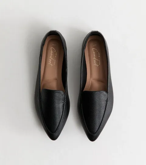 Black Faux Leather Flat Pointed Loafers Vegan
