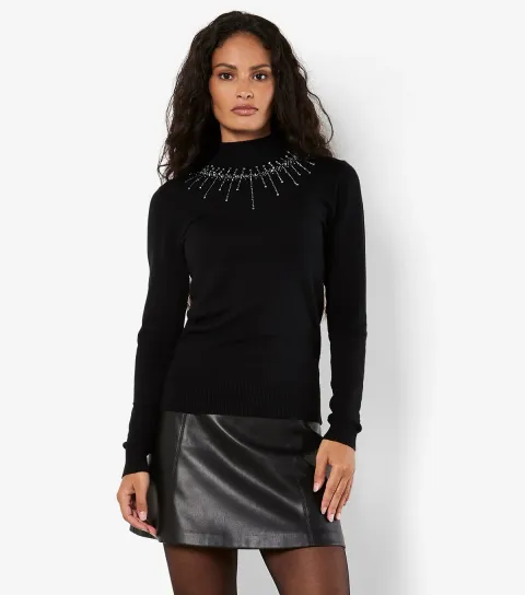 Black Gem and Stud Neckline Jumper