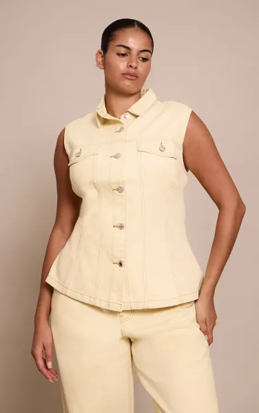 Plus Almond Cinched Sleeveless Denim Shirt
