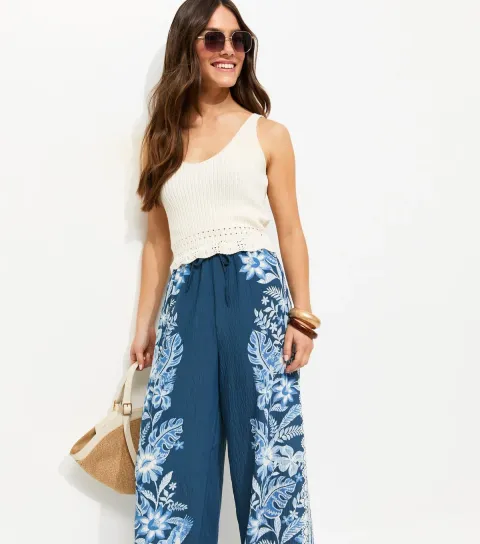 Petite Blue Botanic Print Wide Leg Trousers