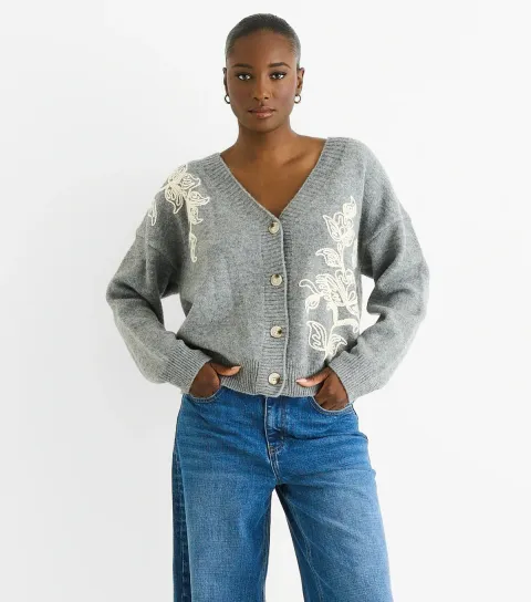 Grey Floral Embroidered Cardigan