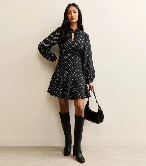 Black Polka Dot Keyhole Midi Dress