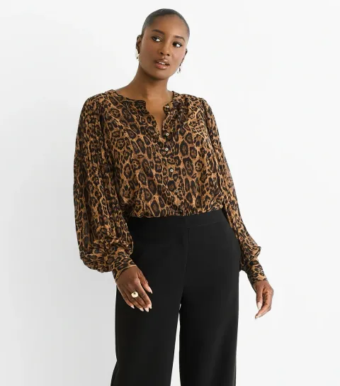 Brown Leopard Print Chiffon Blouse