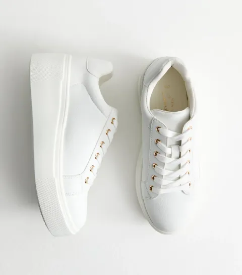 White Faux Leather Wedge Trainers