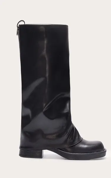 Black Pu Block Heeled Fold Over Knee High Boots