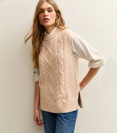 Camel Cable Knit Longline Tabard