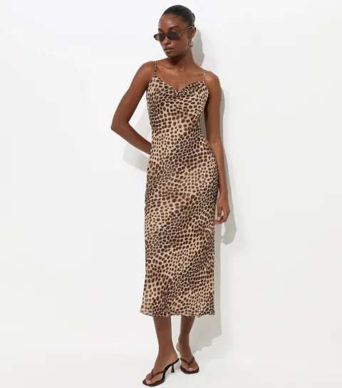 Brown Leopard Print Chiffon Strappy Midi Dress