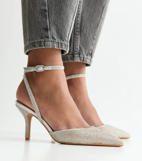 Silver Diamanté Embellished Court Shoes Vegan
