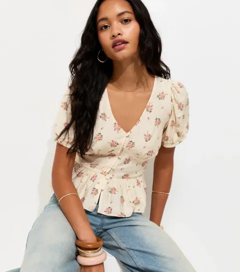 Cream Floral V Neck Tea Blouse
