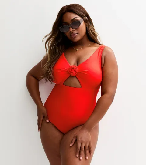 Plus Size Red Floral Applique Cut Out Swimsuit Curves