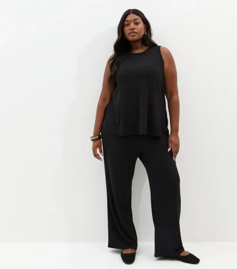 Plus Size Black Textured Wide Leg Trousers Curves