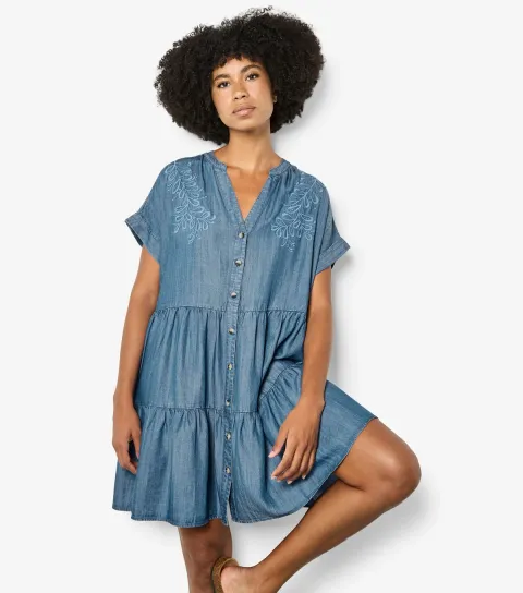 Blue Chambray Embroidered Tiered Mini Dress
