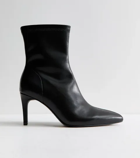 Black Faux Leather Pointed Sock Stiletto Ankle Boots Vegan