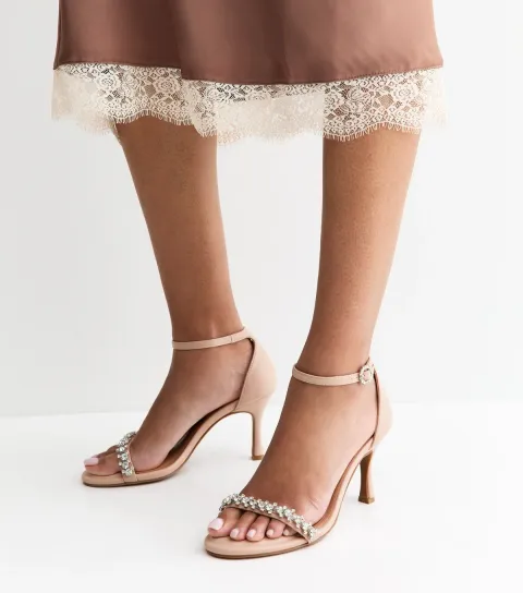 Oatmeal Faux Leather Diamanté Stiletto Sandals Vegan