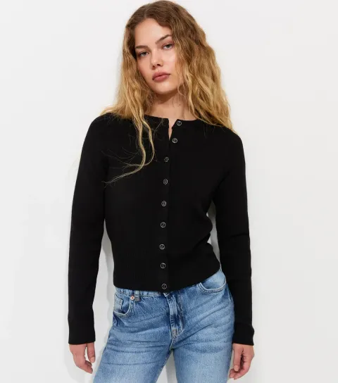 Black Compact Knit Crew Neck Cardigan