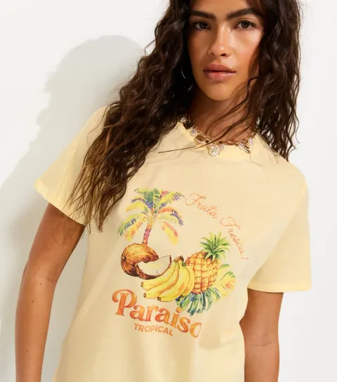 Light Yellow Cotton Paraiso Tropical Fruit Relaxed T-Shirt