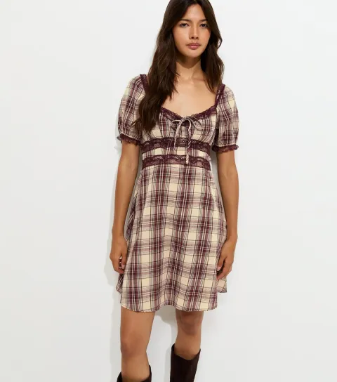 Brown Check Lace Trim Milkmaid Mini Dress