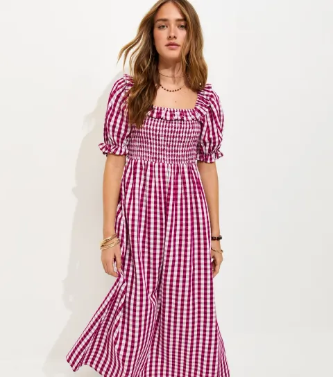 Red Cotton Blend Short Sleeve Gingham Shirred Frill Midi Dress