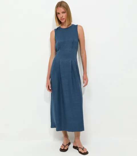 Blue Crepe Sleeveless Column Midi Dress