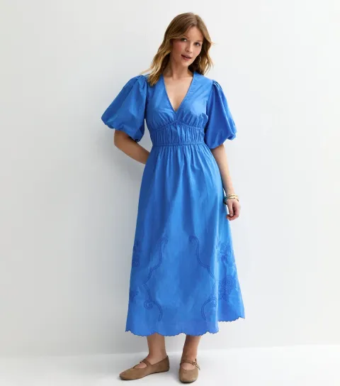 Blue Cotton Puff Sleeve Midi Dress