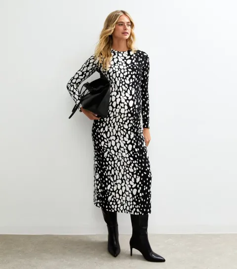 Maternity Black Abstract Pattern Long Sleeve Midi Dress