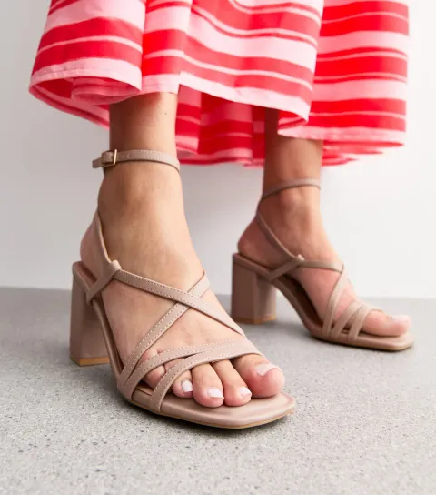 Light Brown Faux Leather Multi Strap Block Heel Sandals Vegan