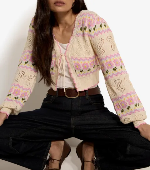 Stone Pointelle Knit Floral Pattern Cardigan